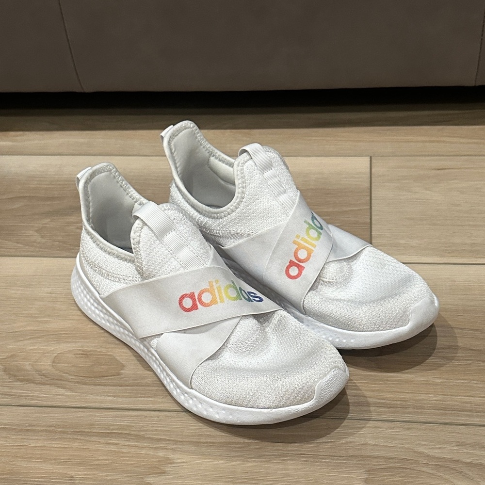 GUC Women’s Adidas Size 8 White Slip-On Sneakers with Rainbow Logo Strap